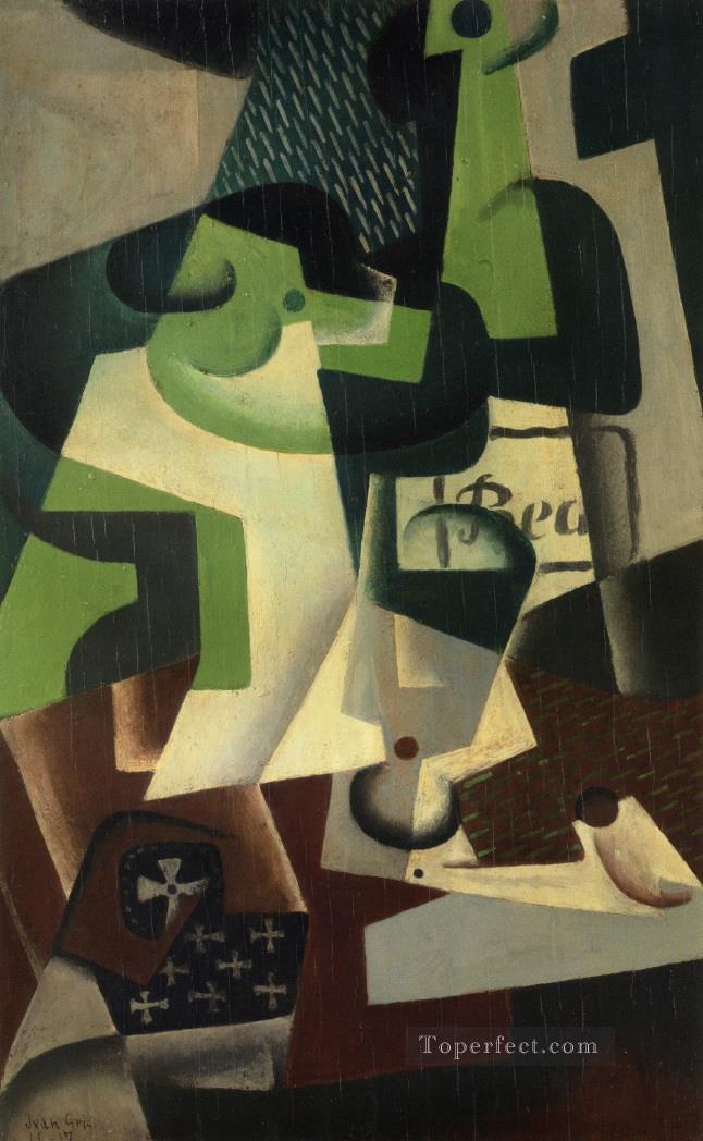 bottle of beaune and a fruit dish 1917 Juan Gris Oil Paintings